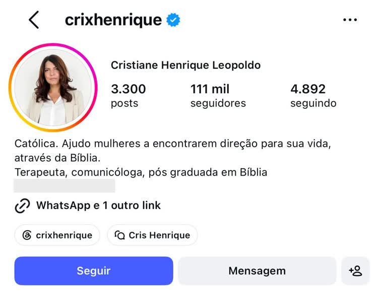 Perfil de Cristiane no Instagram, com 111 mil seguidores
